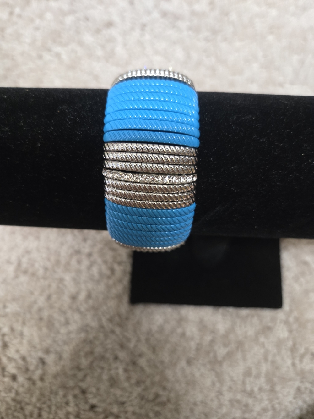Blue & Silver Wide Statement Bracelet Rhinestone Textured Multi-Row